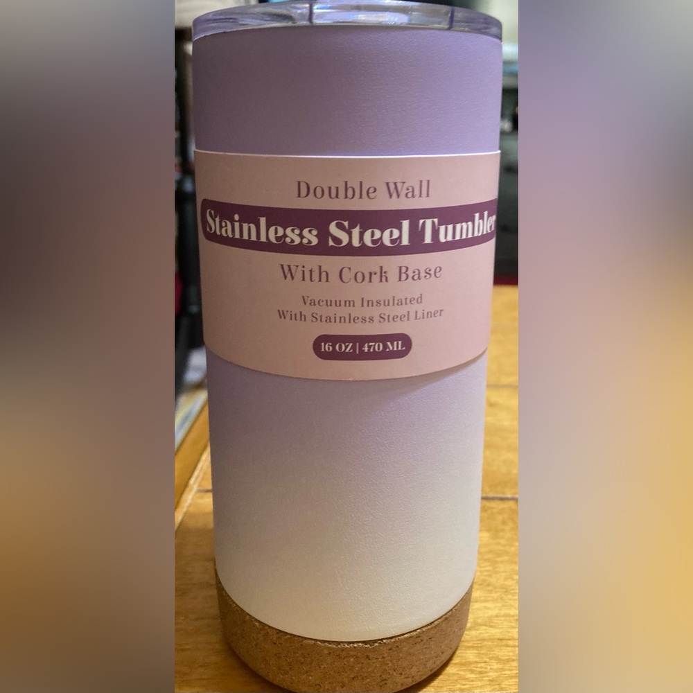 NWT 16oz Purple and White Stainless Steel Tumbler with cork bottom